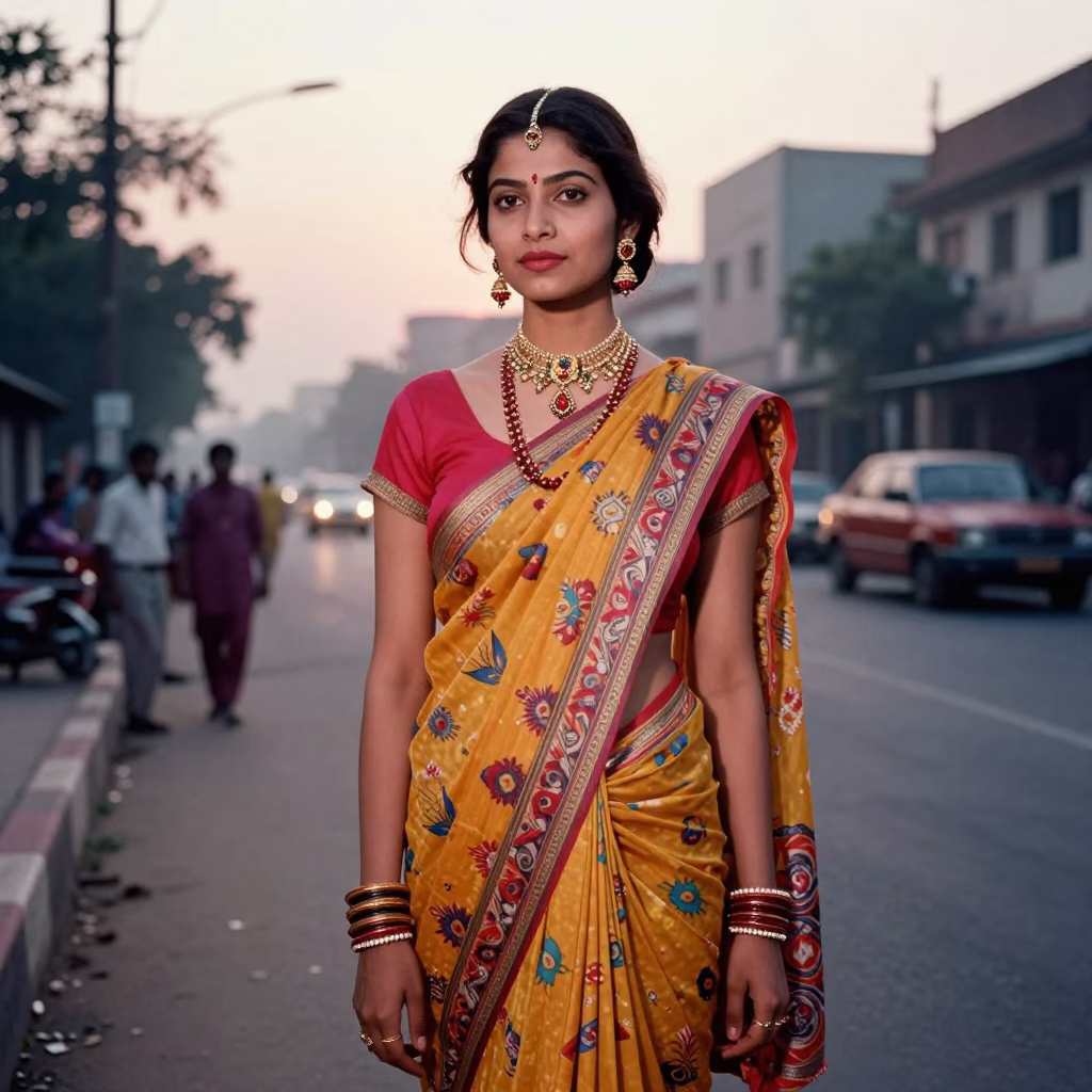 Vintage 1960s Delhi Street Fashion Portrait at Dawn with Rusty Details in in Delhi, India