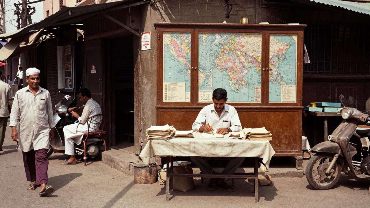 Vintage 1960s Delhi Street Scene with Classroom Cabinet Maps and Broken Compasses in in Delhi, India