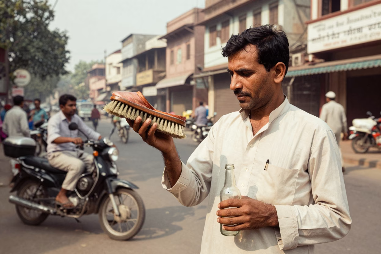 Vintage 1960s Delhi Street Scene with Man Holding Shoe Brush and Bottle in in Delhi, India