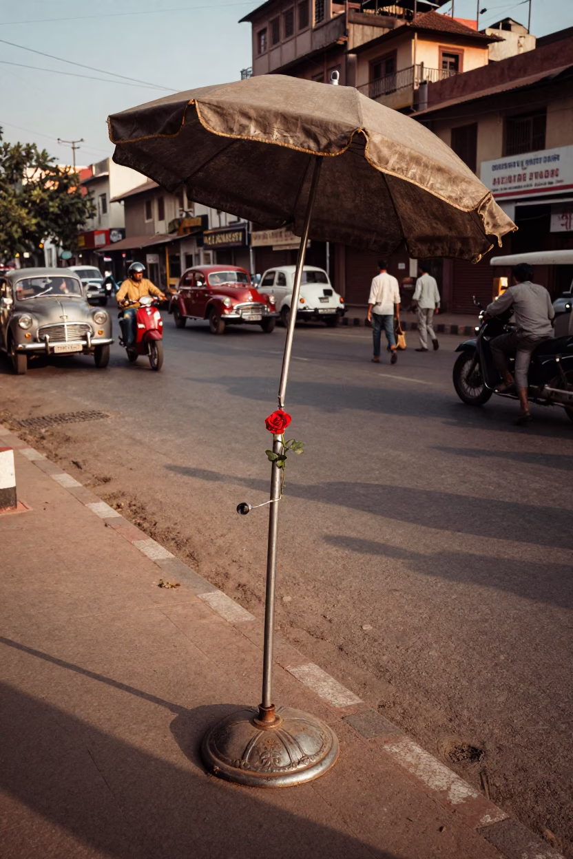 Vintage 1960s Delhi Street Scene with Single Red Rose and Umbrella Stand in in Delhi, India