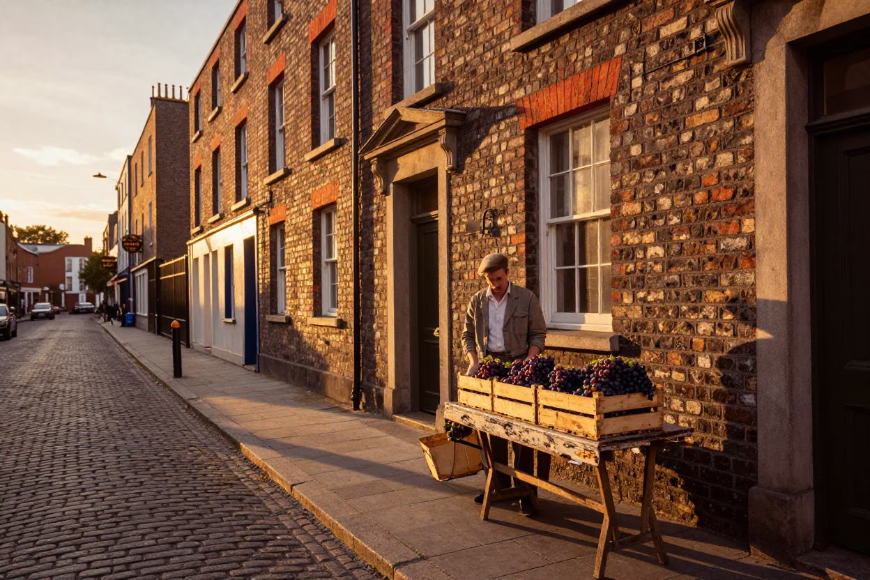 Vintage 1960s Dublin Street Scene Sunset with Grapes and Linen Fringe in in Dublin, Ireland