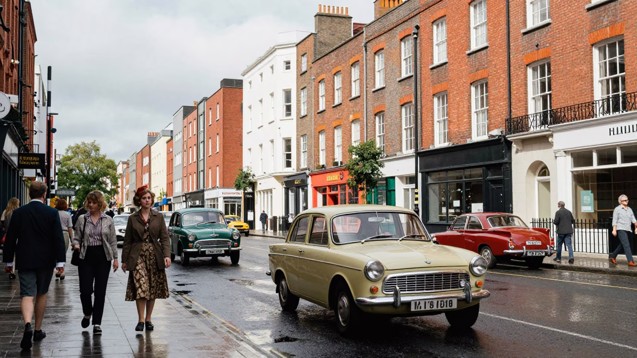 Vintage 1960s Dublin Street Scene with Classic Cars and Pedestrians in in Dublin, Ireland