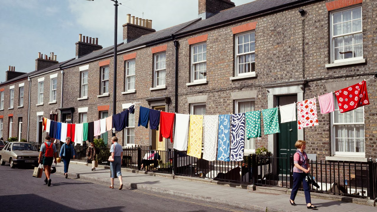 Vintage 1960s Dublin Street Scene with Colorful Clothesline and Smiling Pedestrians in in Dublin, Ireland