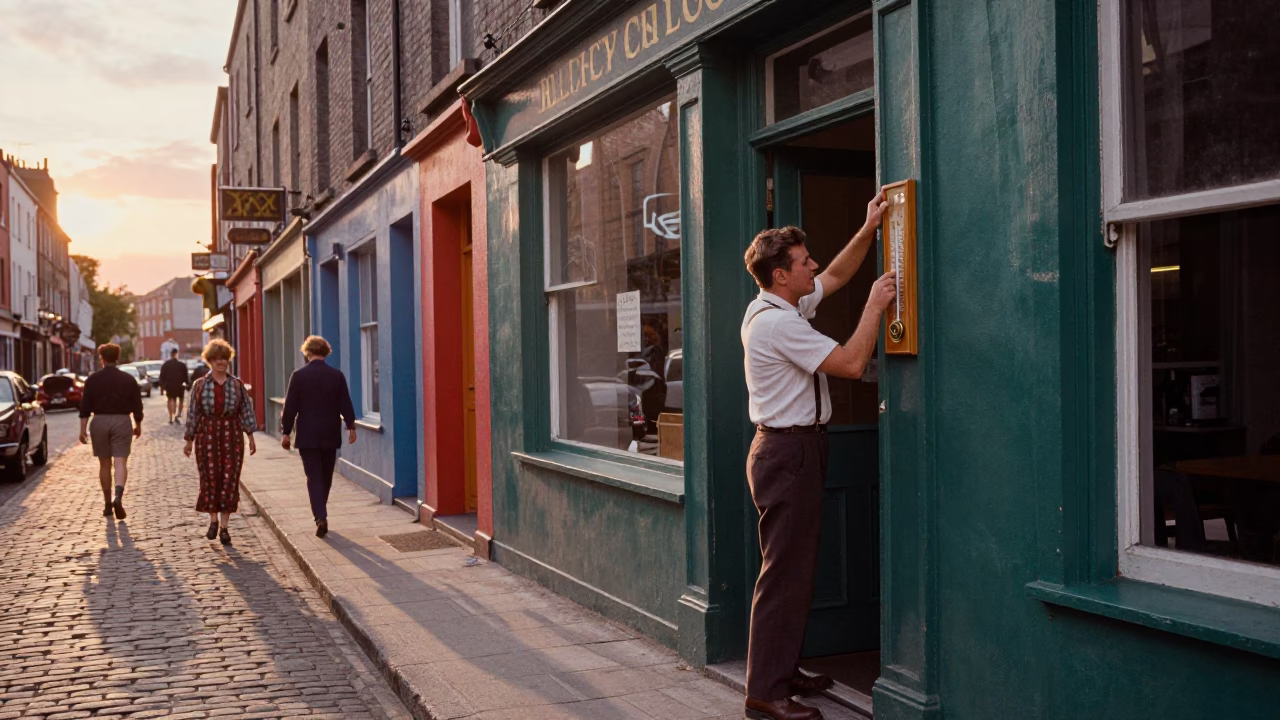 Vintage 1960s Dublin Street Scene with Colorful Lived-In Details and Local Interaction in in Dublin, Ireland