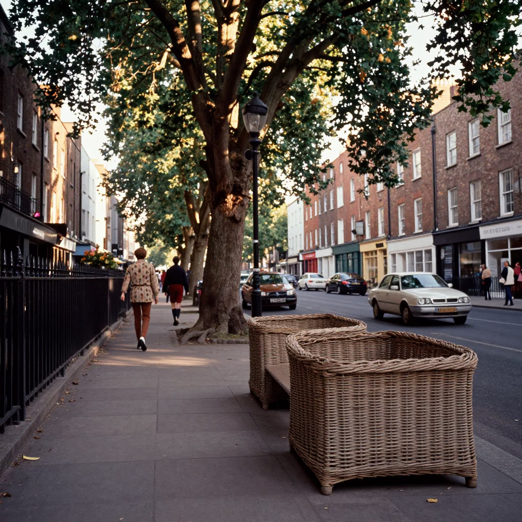 Vintage 1960s Dublin Street Scene with Weathered Wicker and Porcelain Details in in Dublin, Ireland