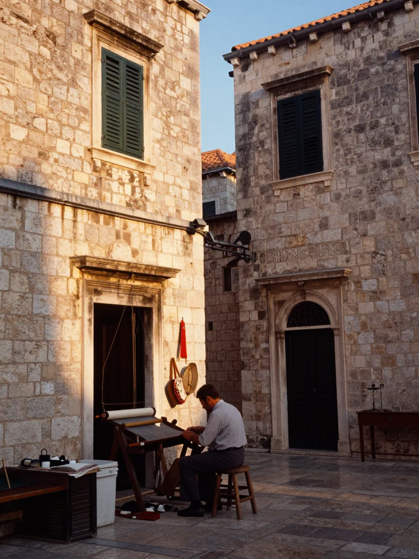 Vintage 1960s Dubrovnik Street Scene with Loom Shuttle and Brass Details at Golden Hour in in Dubrovnik, Croatia