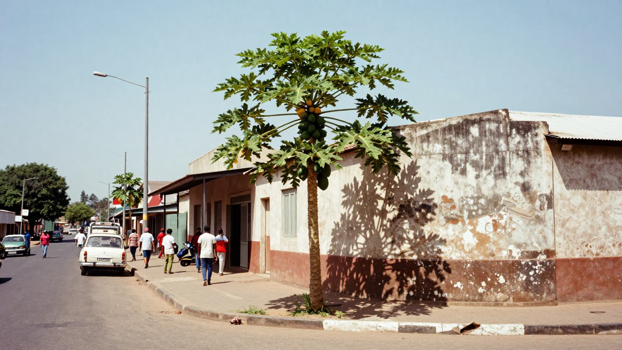 Vintage 1960s Durban Street Scene with Papaya Tree and Local Vendor in in Durban, South Africa
