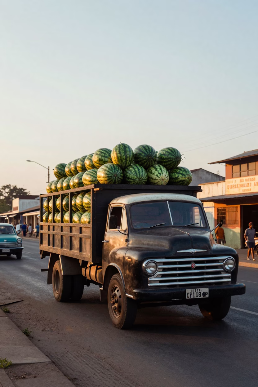 Vintage 1960s Durban Street Scene with Watermelon Truck and Coastal Morning Light in in Durban, South Africa