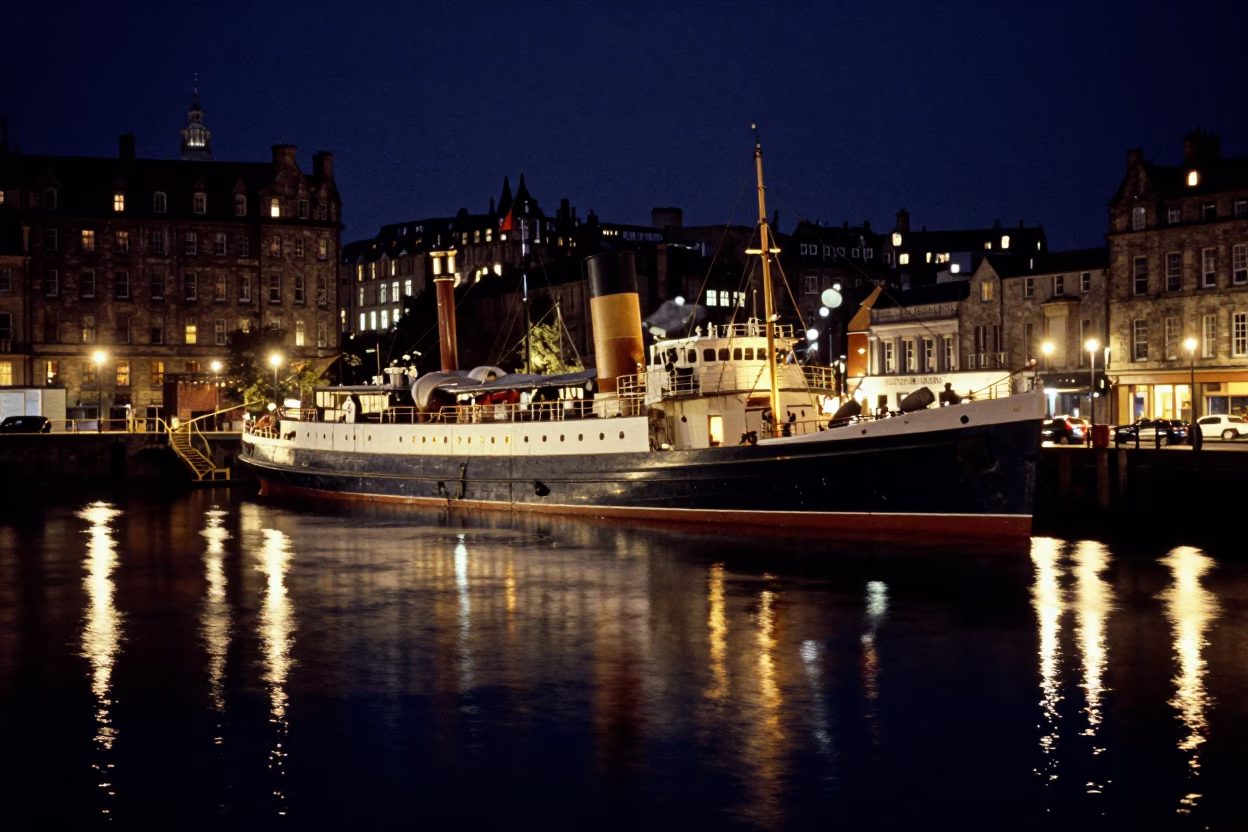 Vintage 1960s Edinburgh Night Scene with Steamship Reflections and City Lights in in Edinburgh, United Kingdom