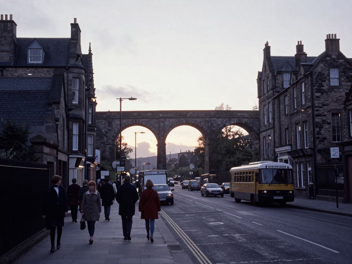 Vintage 1960s Edinburgh street scene before sunrise with railway viaduct and urban life in in Edinburgh, United Kingdom