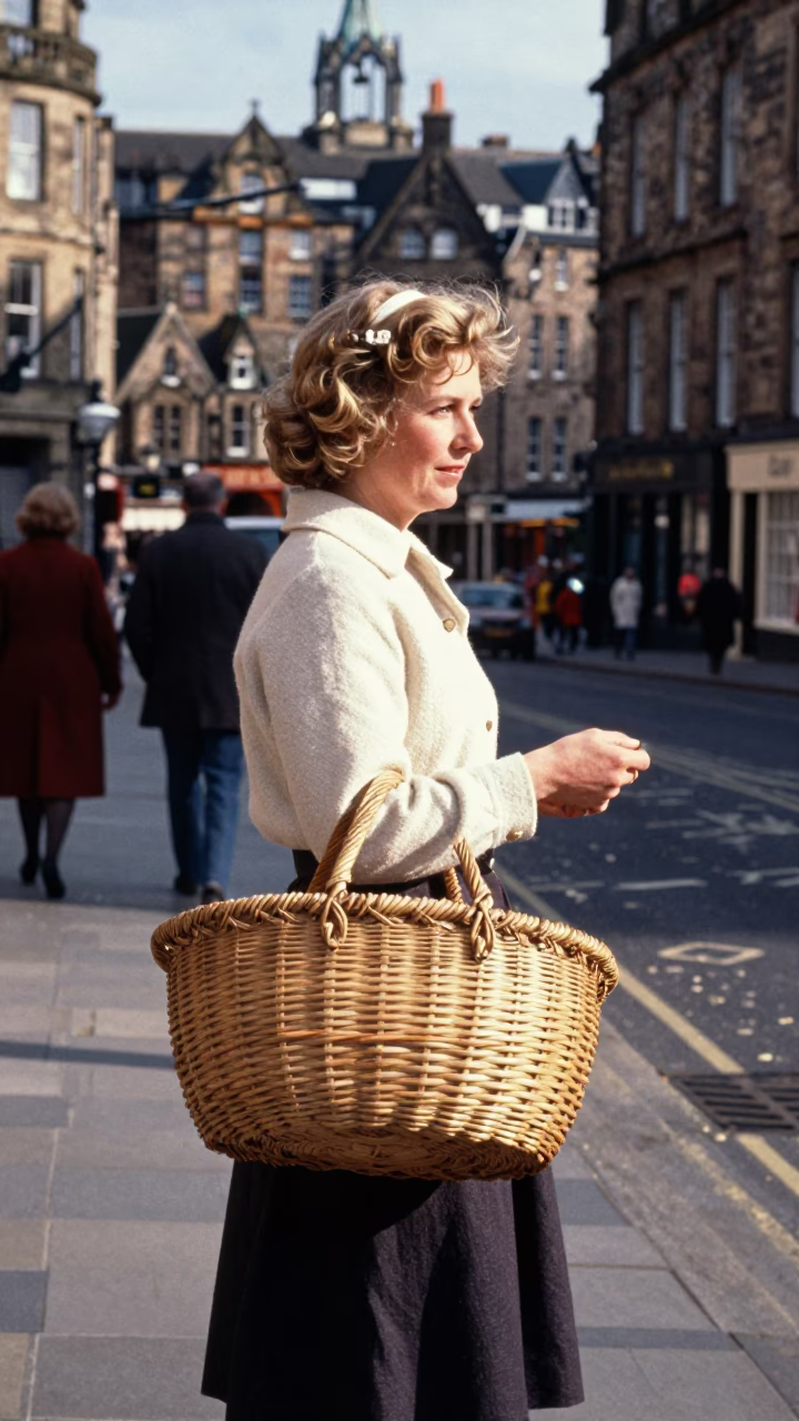 Vintage 1960s Edinburgh Street Scene with Woven Basket and Dusty Window in in Edinburgh, United Kingdom