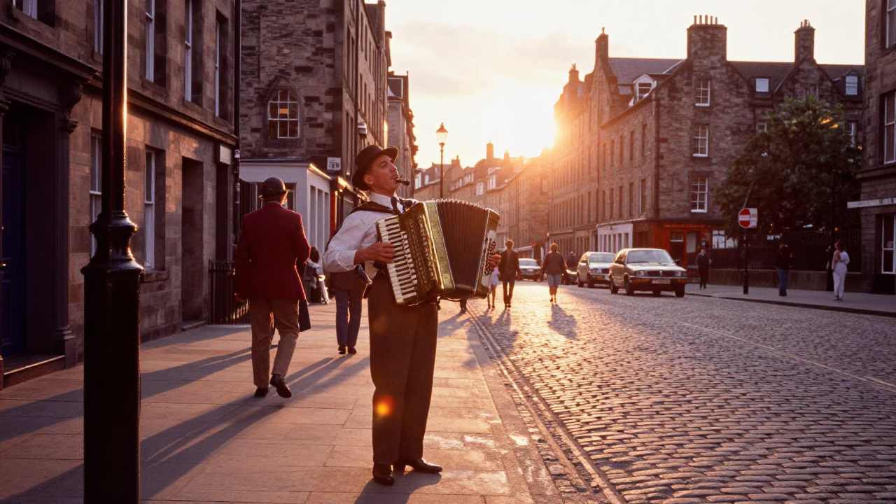 Vintage 1960s Edinburgh Sunset Street Scene with Brass Accordion Player in in Edinburgh, United Kingdom