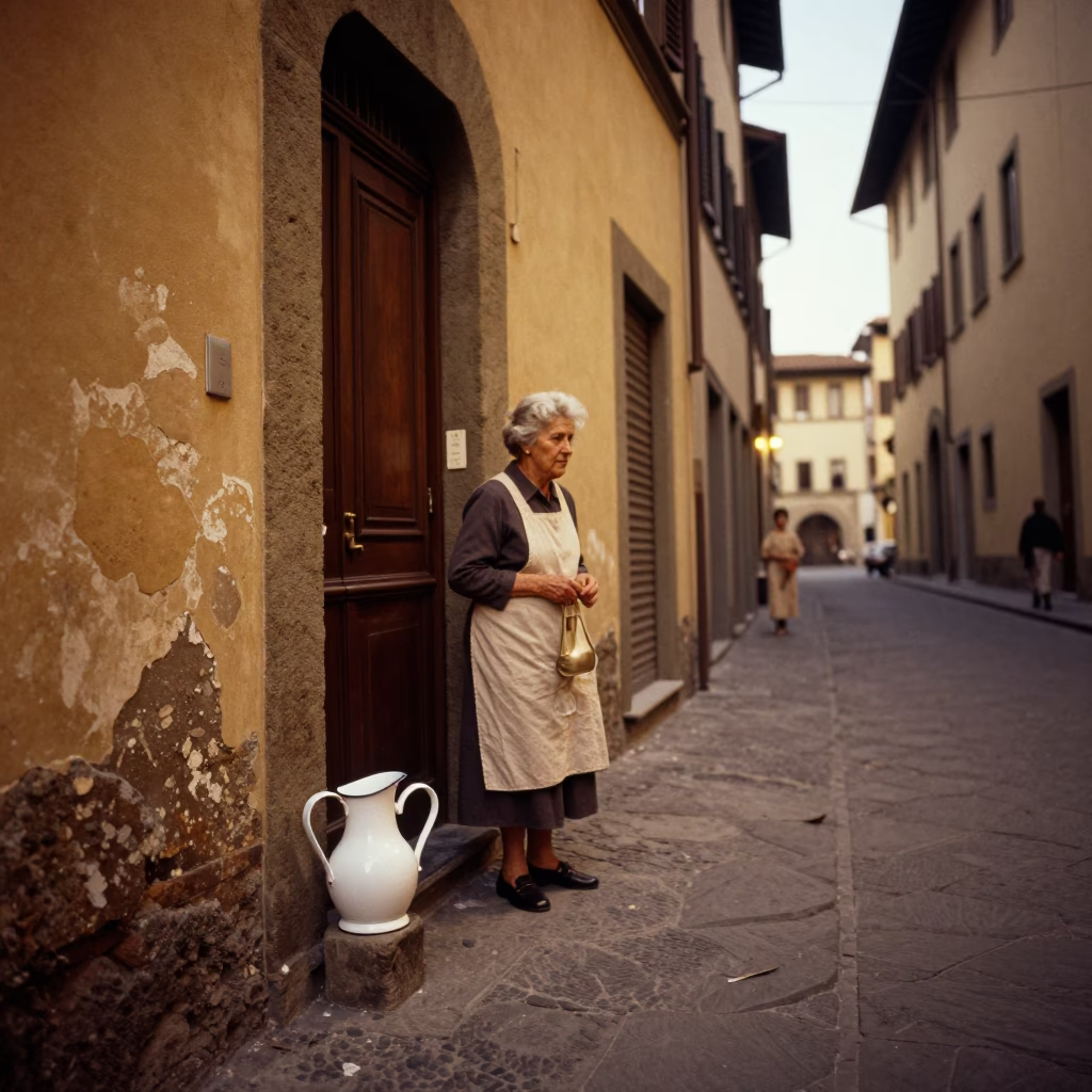 Vintage 1960s Florence Italy Evening Street Scene with Enamel Pitcher and Local Interaction in in Florence, Italy
