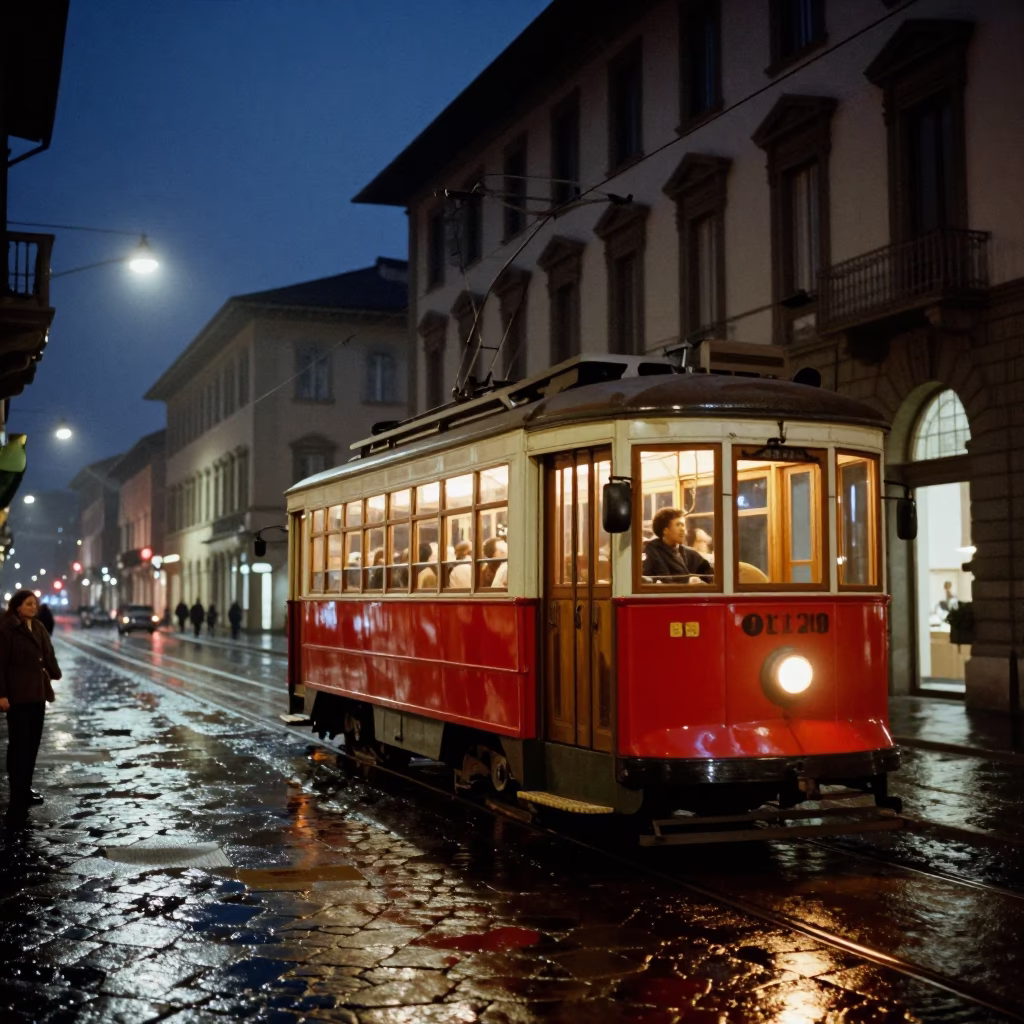 Vintage 1960s Florence Night Scene with Heritage Tram and Cobblestone Street in in Florence, Italy