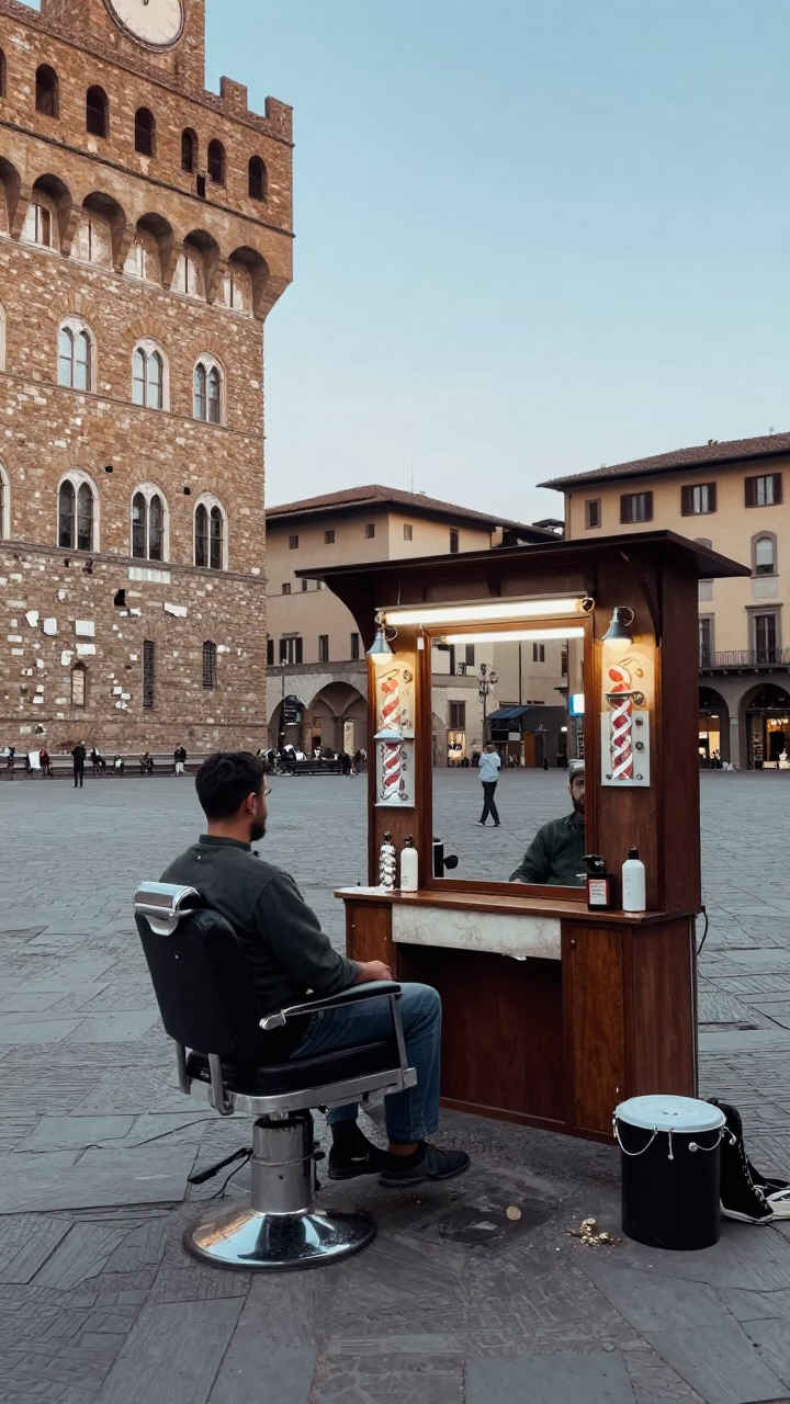 Vintage 1960s Florence Street Scene Barber Shop and Enamel Pitcher Before Sunrise in in Florence, Italy
