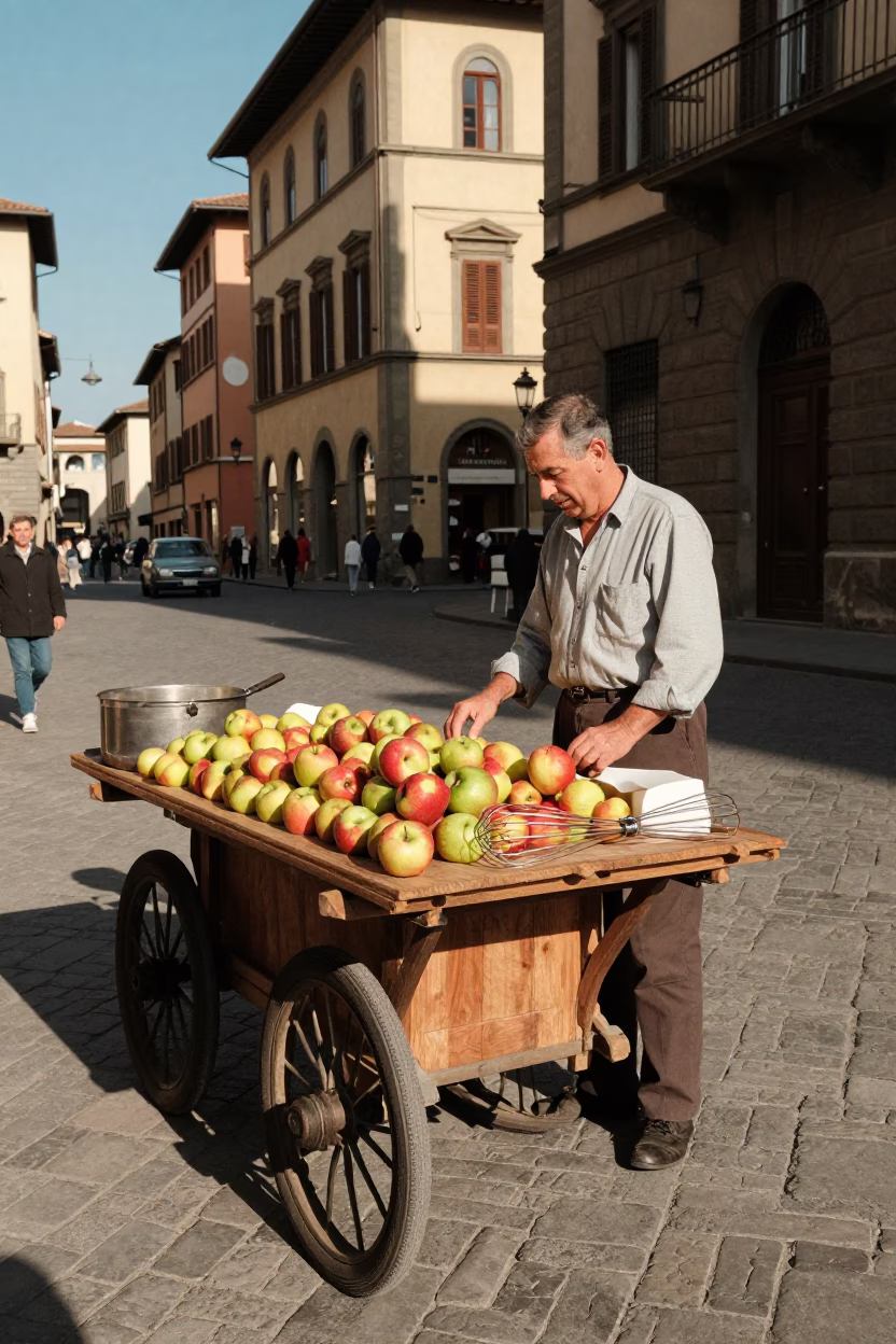 Vintage 1960s Florence Street Scene with Apples and Whisk in Sunlit Piazza in in Florence, Italy