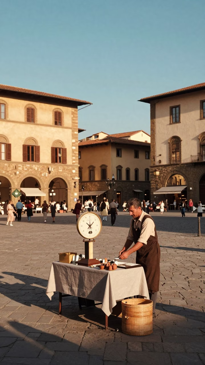 Vintage 1960s Florence Street Scene with Apthecary Scale and Brush in Piazza in in Florence, Italy