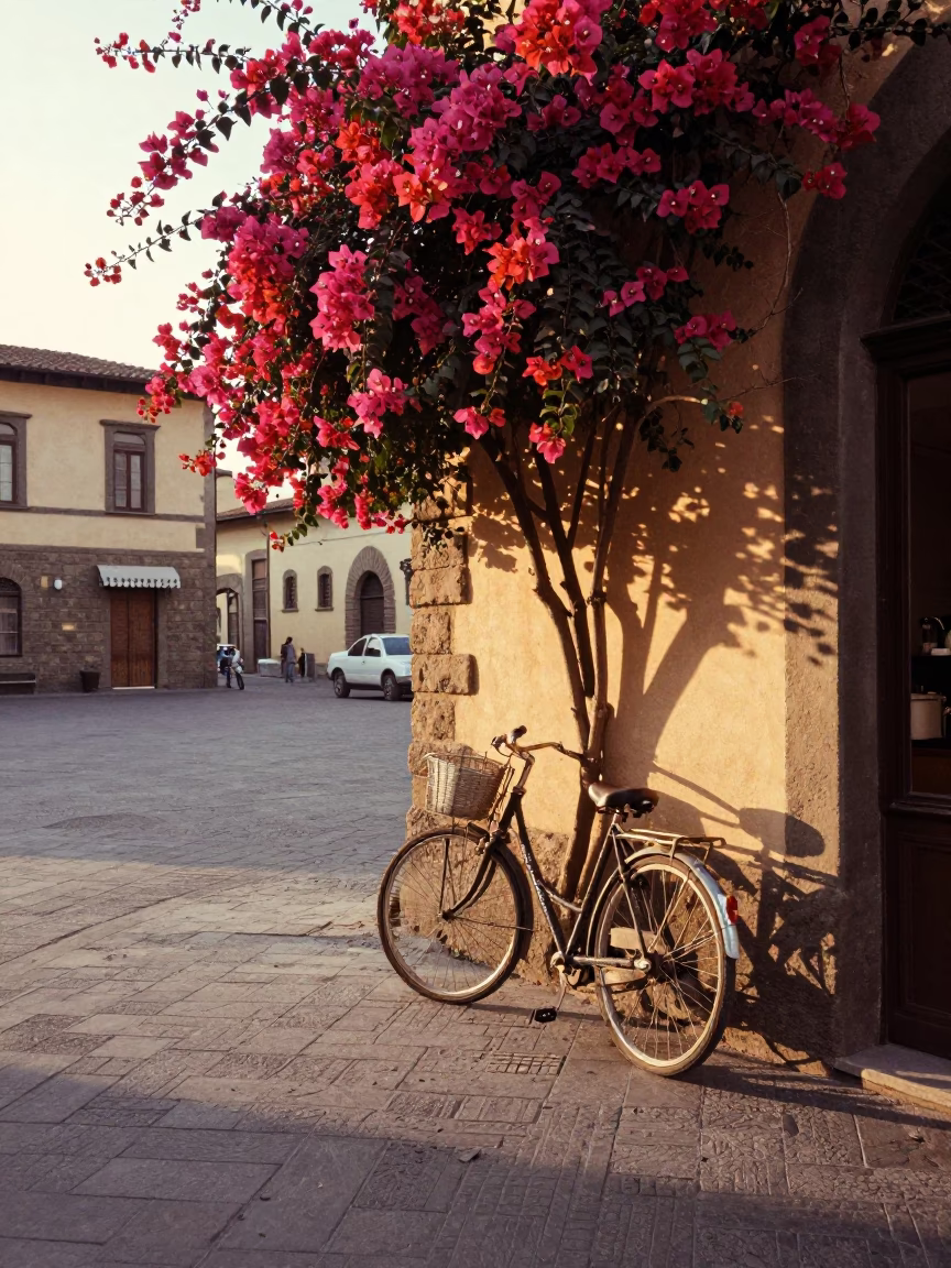 Vintage 1960s Florence street scene with bougainvillea and coffee tin in in Florence, Italy