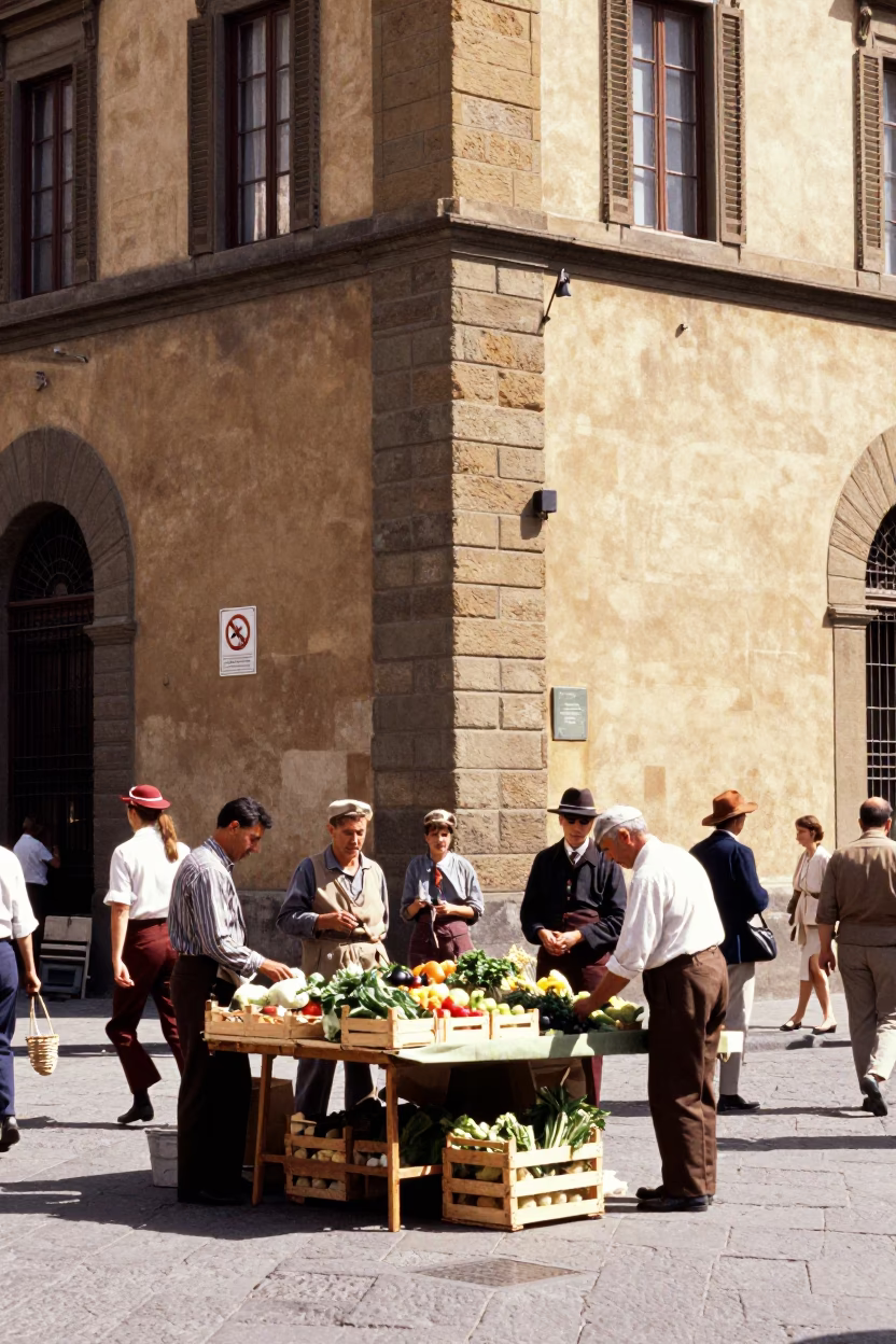 Vintage 1960s Florence Street Scene with Local Vendors and Traditional Architecture in in Florence, Italy