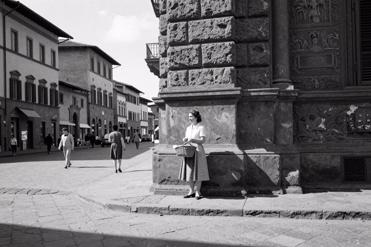 Vintage 1960s Florence Street Scene with Woman Holding Basket and Glass Tumbler in in Florence, Italy