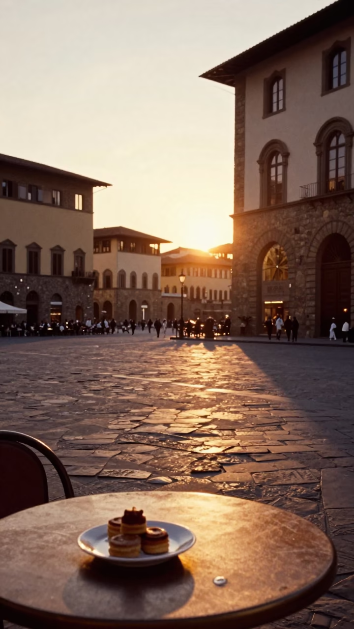 Vintage 1960s Florence Sunset Street Scene with Local Café Table and Strawberries in in Florence, Italy