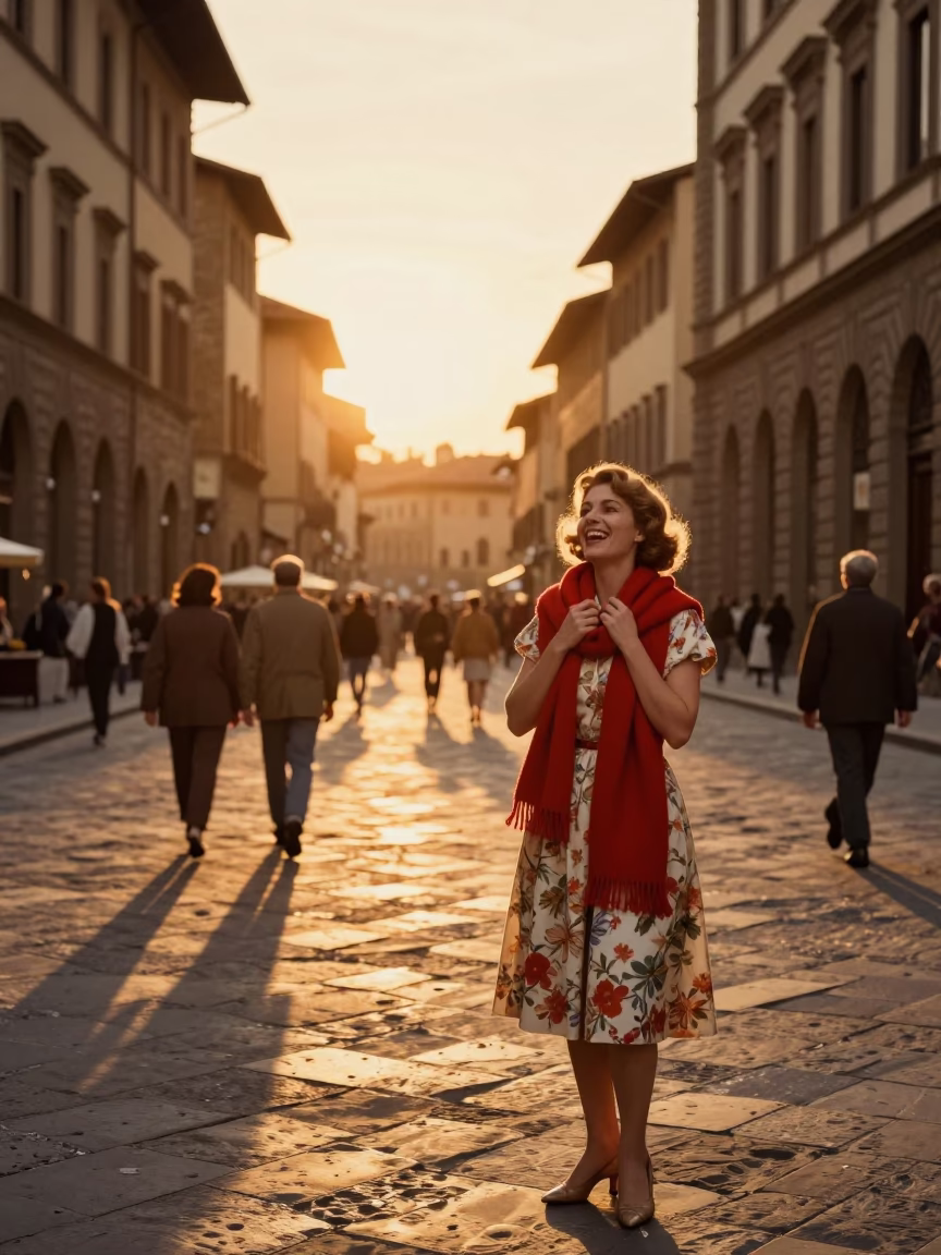 Vintage 1960s Florence Sunset Street Scene with Wool Scarves and Local Interaction in in Florence, Italy