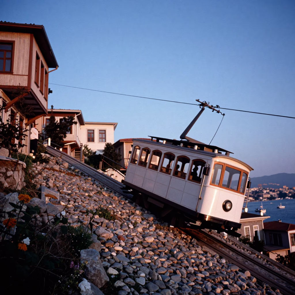 Vintage 1960s Funicular Climbing Steep Hill in Izmir Turkey at Nautical Dawn in in Izmir, Turkey