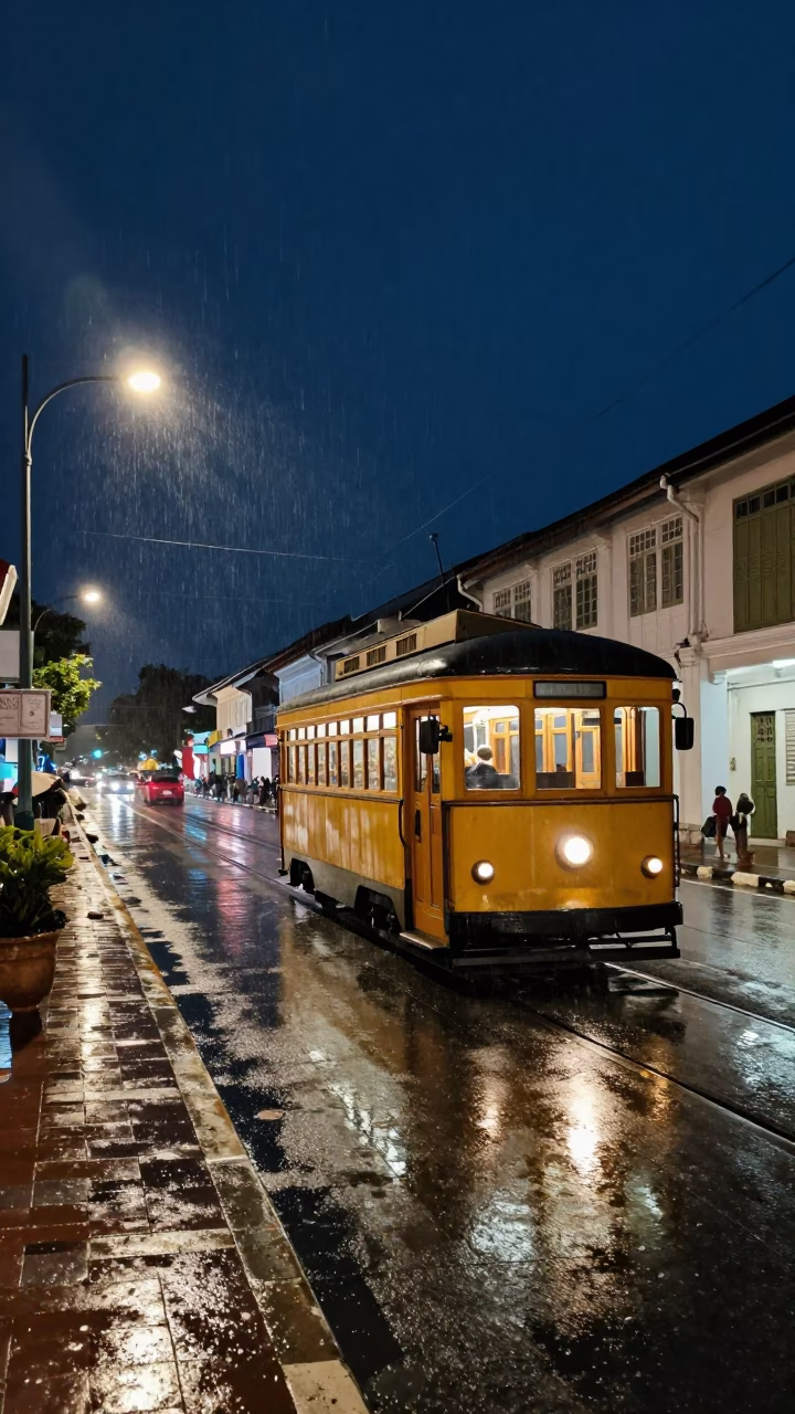 Vintage 1960s George Town Malaysia Heritage Tram Rain Night Street Scene in in George Town, Malaysia