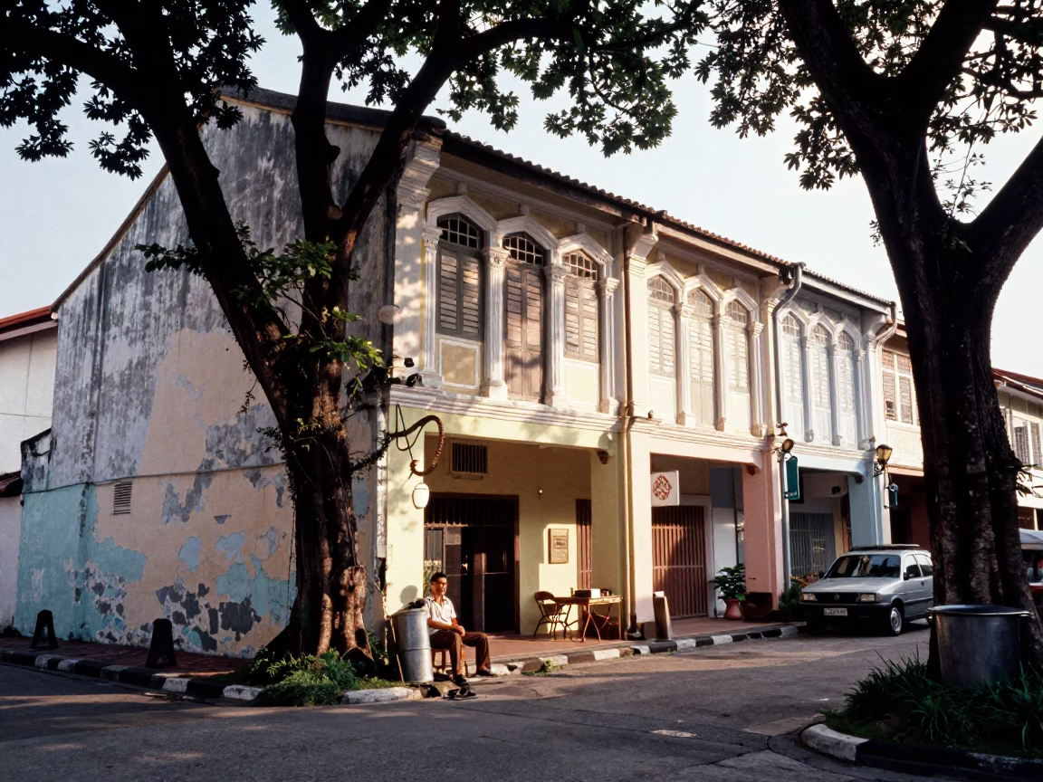 Vintage 1960s George Town Malaysia Street Scene with Shopkeeper and Metal Drawer Pull in in George Town, Malaysia