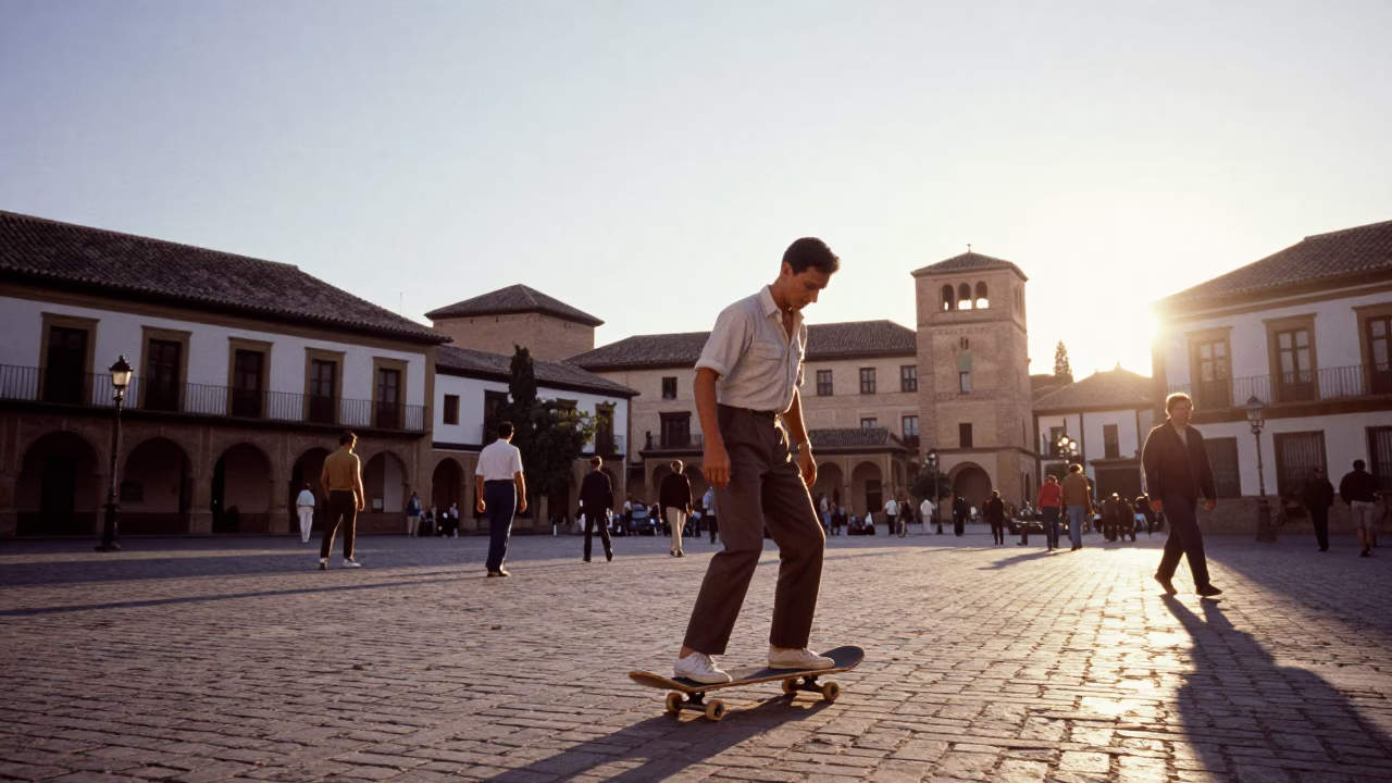 Vintage 1960s Granada Spain Street Scene with Skateboarder at Sunrise in in Granada, Spain