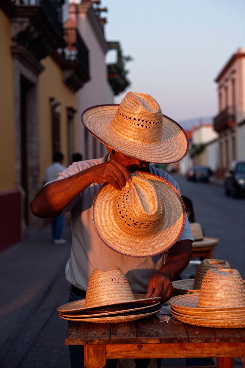 Vintage 1960s Guadalajara Mexico Street Scene with Straw Hat and Dusk Light in in Guadalajara, Mexico