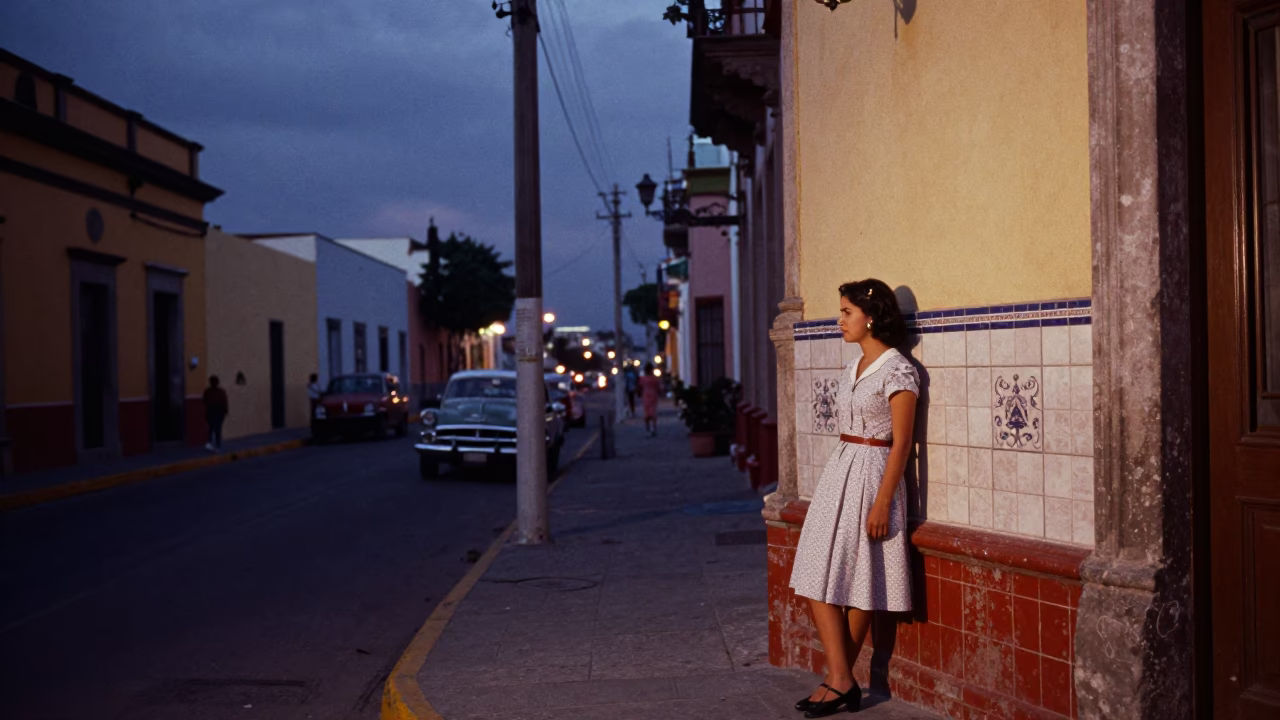 Vintage 1960s Guadalajara Street Scene at Nautical Dawn with Coffee Stains and Daily Life in in Guadalajara, Mexico