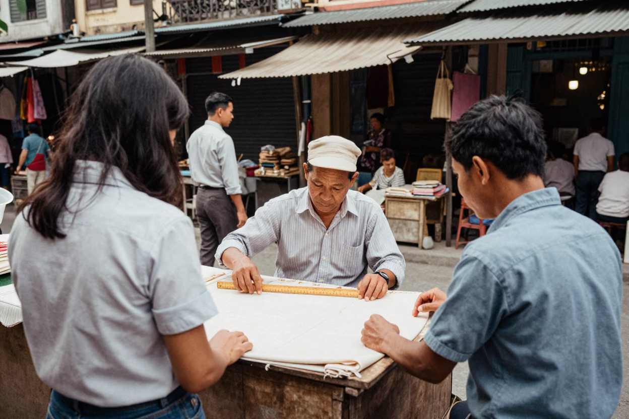 Vintage 1960s Hanoi street scene with wooden ruler and muffin tin on market stall in in Hanoi, Vietnam
