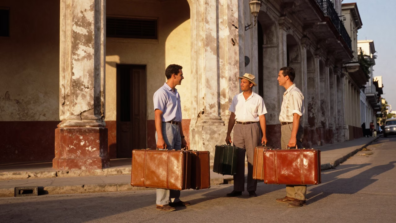 Vintage 1960s Havana Cuba Street Scene with Travelers and Suitcases in in Havana, Cuba