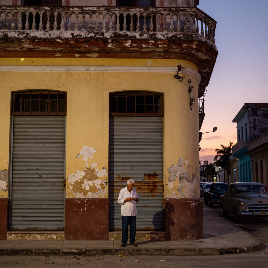 Vintage 1960s Havana Street Scene with Stained Walls and Evening Light in in Havana, Cuba