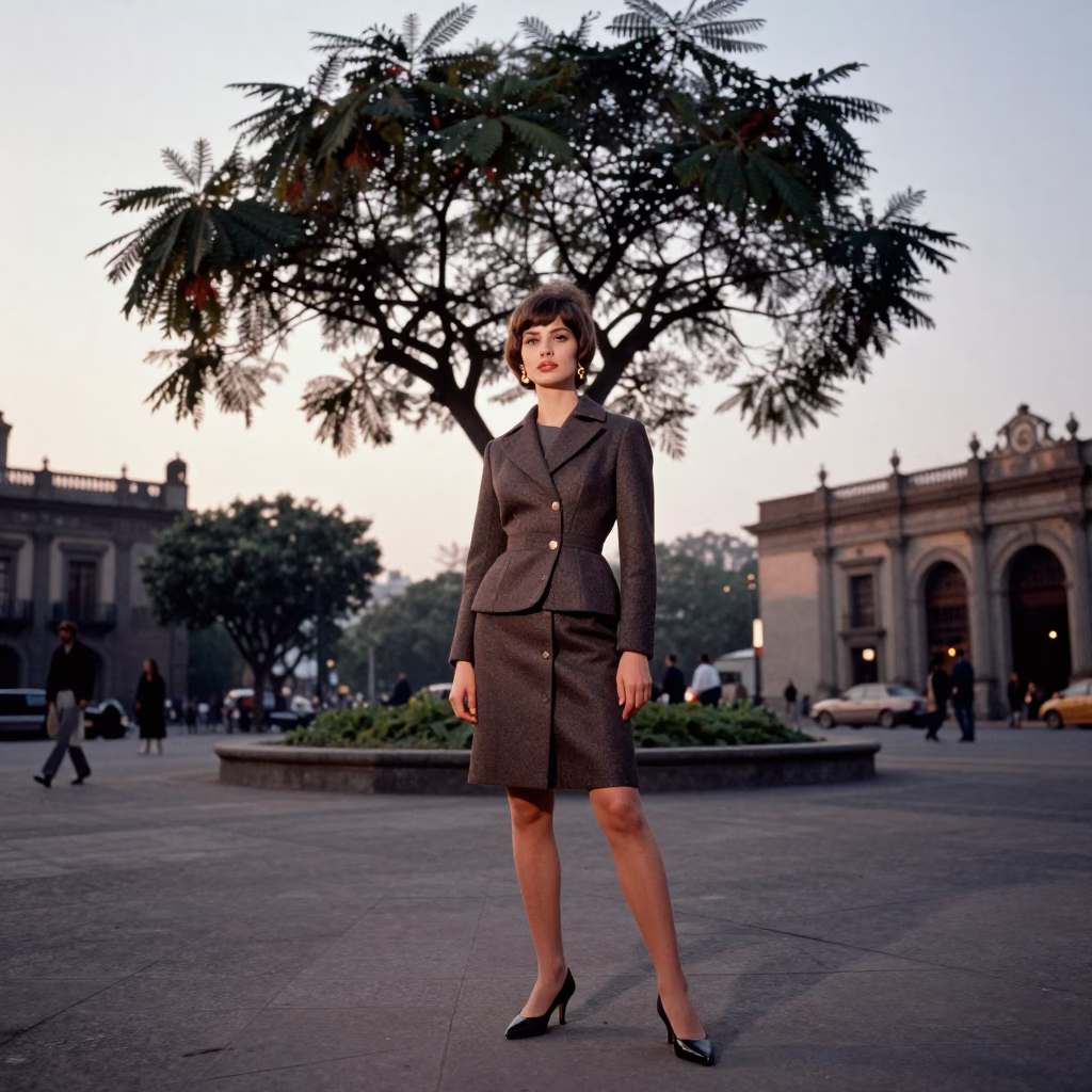 Vintage 1960s High Fashion Portrait at Dawn in Mexico City Plaza with Tamarind Tree in in Mexico City, Mexico