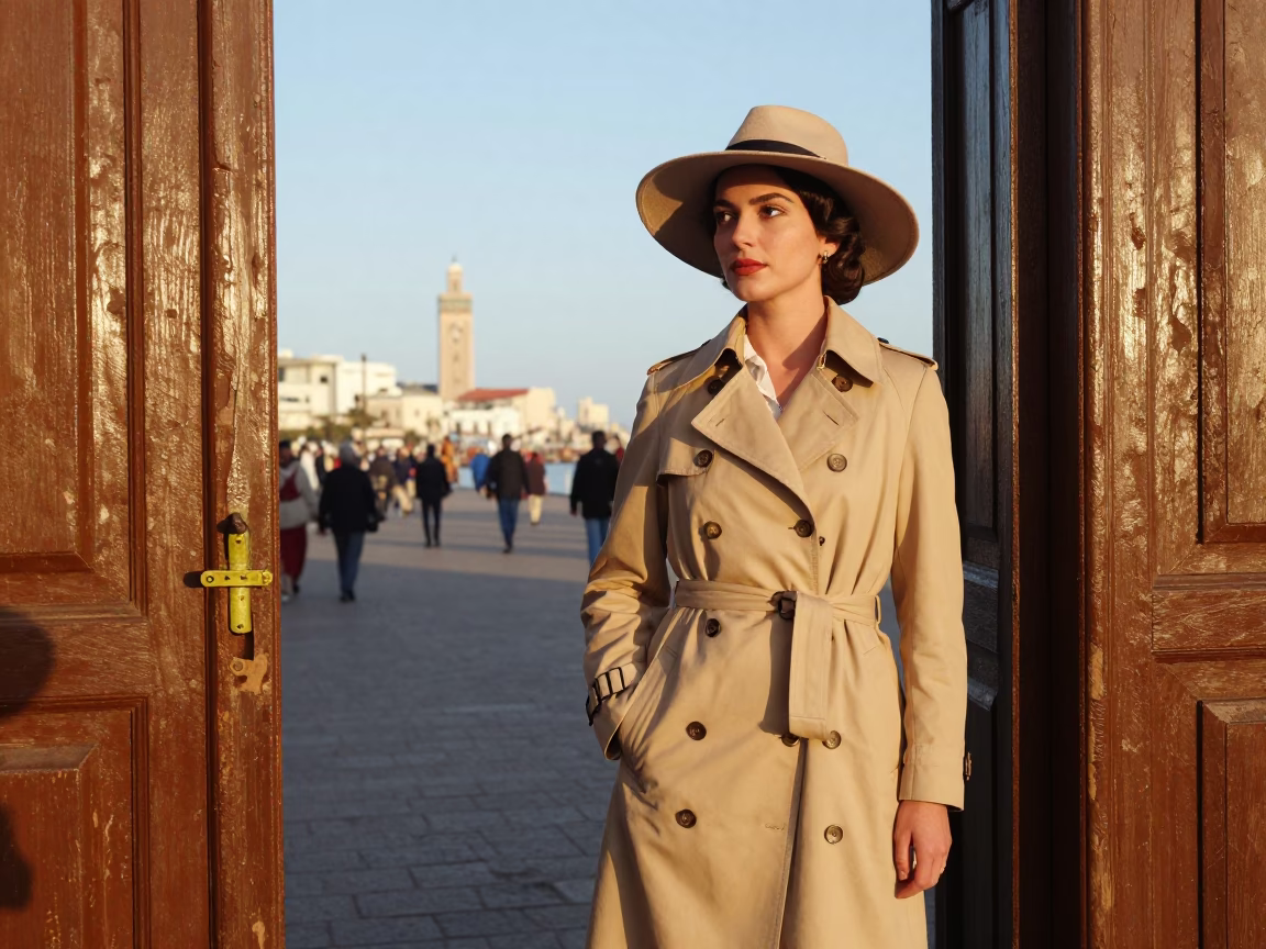 Vintage 1960s High Fashion Portrait in Casablanca Morocco Late Afternoon Street Scene in in Casablanca, Morocco