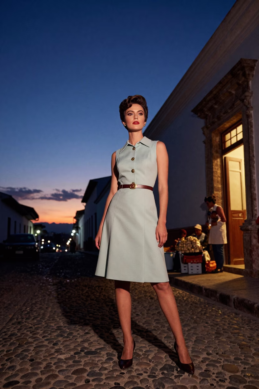 Vintage 1960s High Fashion Portrait in Quito Ecuador Twilight Street Scene in in Quito, Ecuador