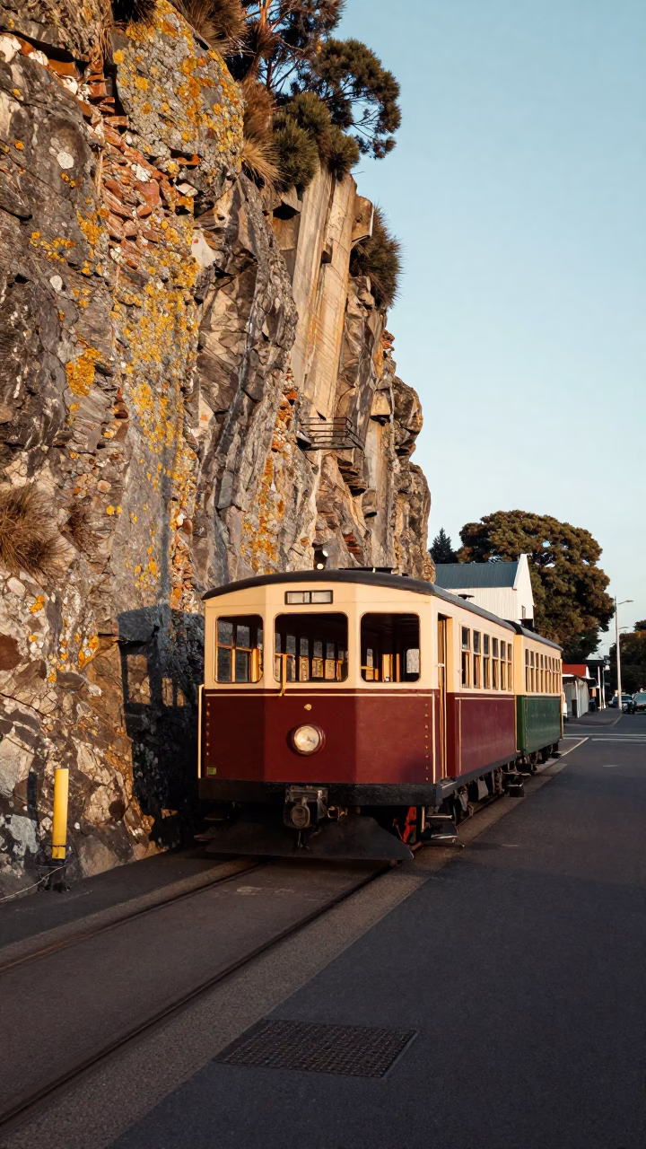 Vintage 1960s Hobart Street Scene with Narrow Gauge Train and Lichen Rock Face in in Hobart, Tasmania, Australia