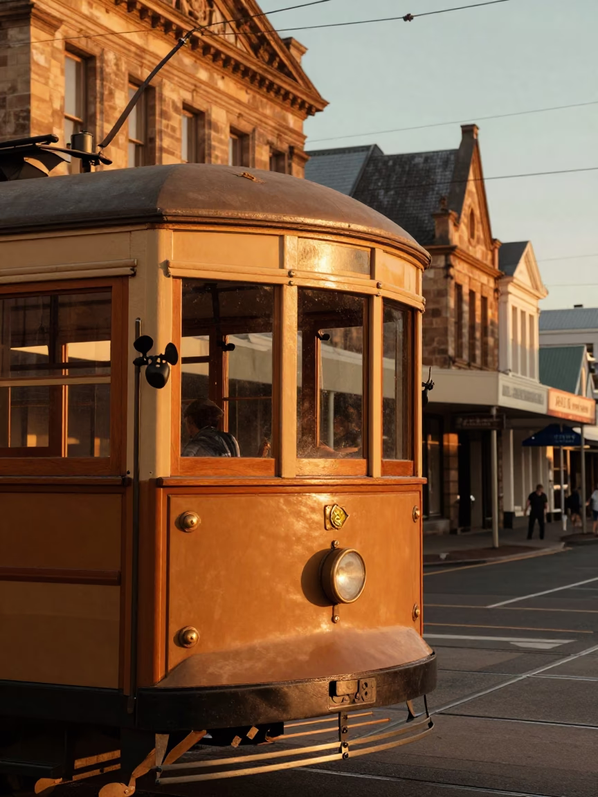 Vintage 1960s Hobart Sunset Street Scene with Heritage Tram and Cobblestone Avenue in in Hobart, Tasmania, Australia