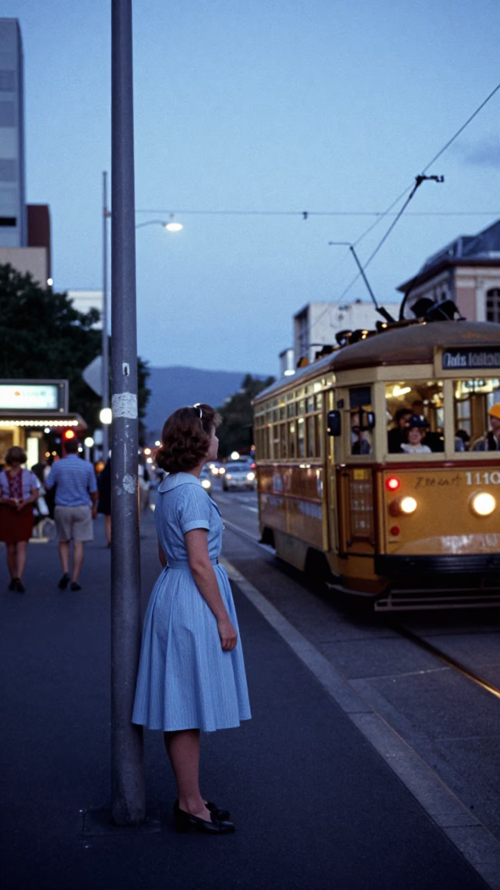 Vintage 1960s Hobart Tasmania Evening Street Scene with Tram and Local Life in in Hobart, Tasmania, Australia