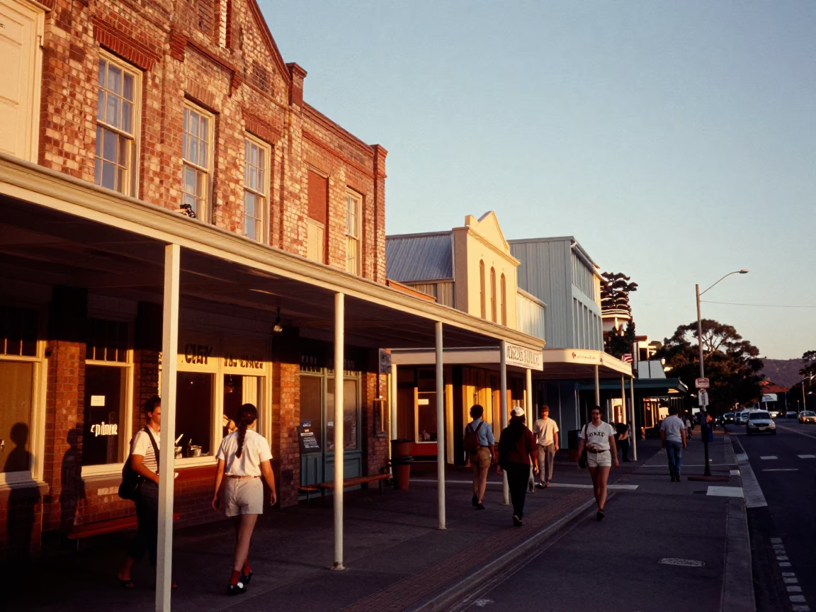 Vintage 1960s Hobart Tasmania Sunset Street Scene with Local Bakery Window Display and Pedestrians in in Hobart, Tasmania, Australia