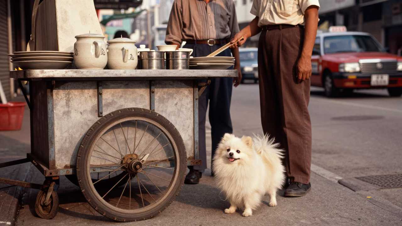 Vintage 1960s Hong Kong Street Scene with Pomeranian Dog and Ceramic Beehive Cheese Dome in in Hong Kong, Hong Kong