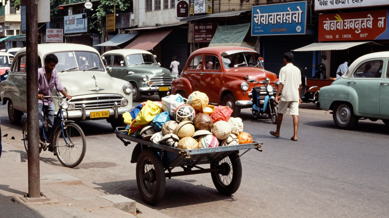 Vintage 1960s Hyderabad Street Scene with Metal Carts and Daily Life in in Hyderabad, India