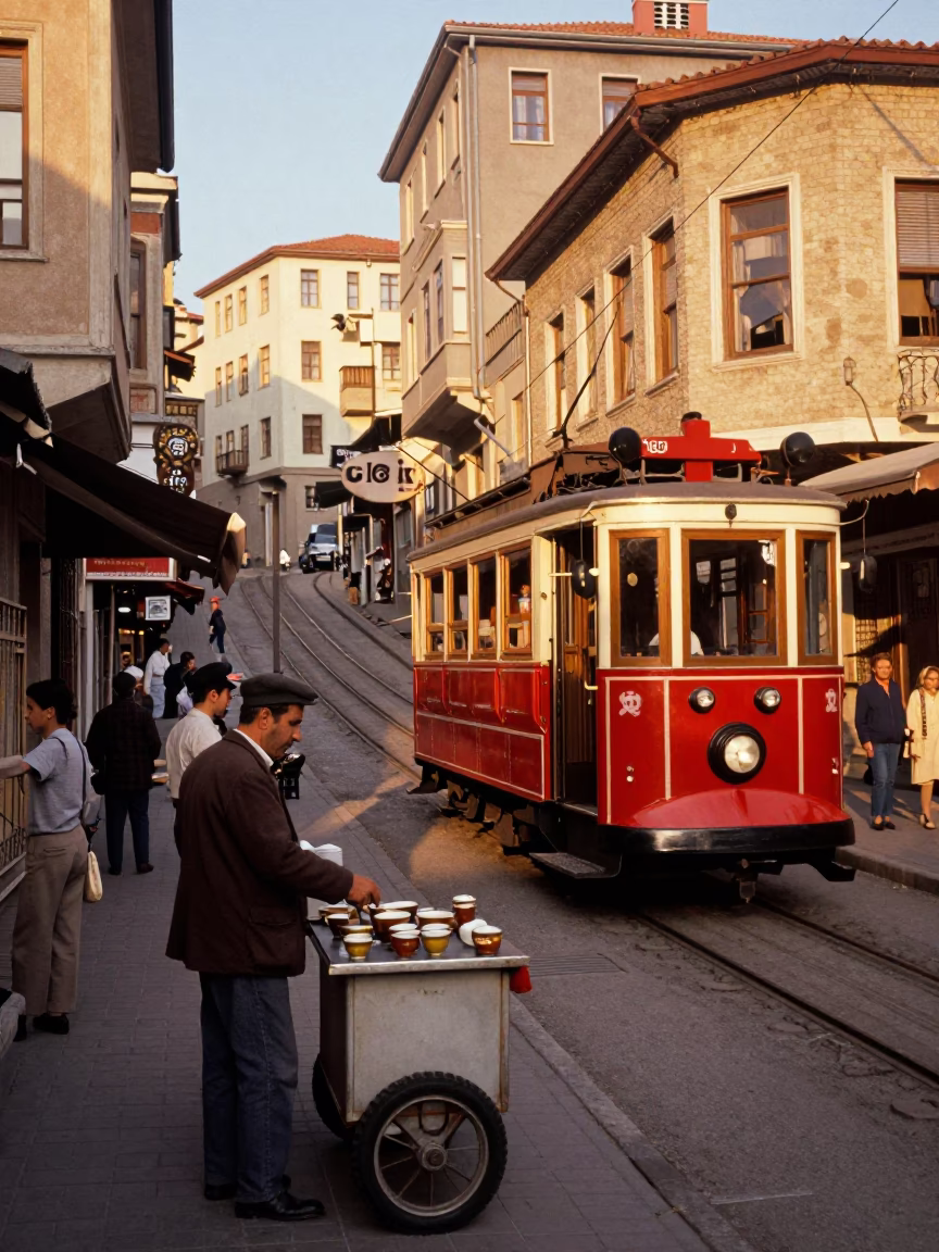 Vintage 1960s Istanbul Street Scene with Funicular and Chai Vendor in Honeyed Evening Light in in Istanbul, Turkey