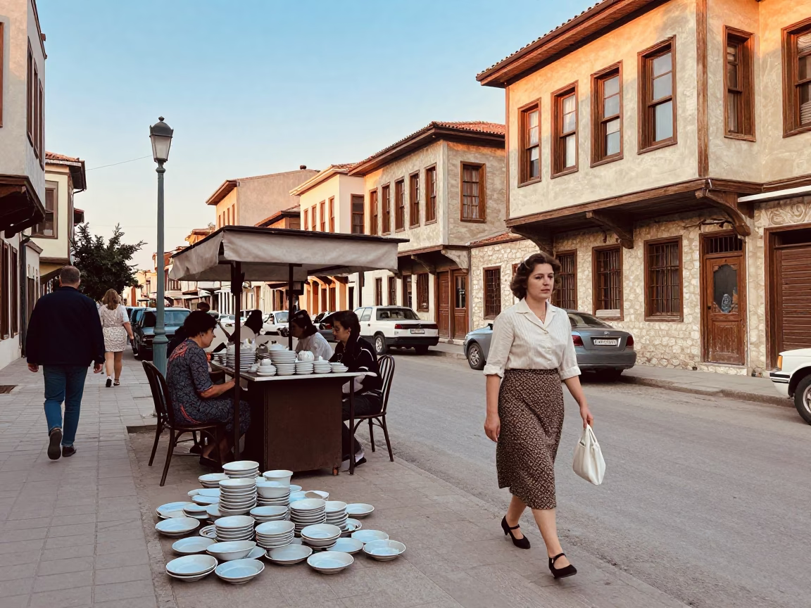 Vintage 1960s Izmir Street Scene with Ceramic Saucers and Local Fashion in in Izmir, Turkey