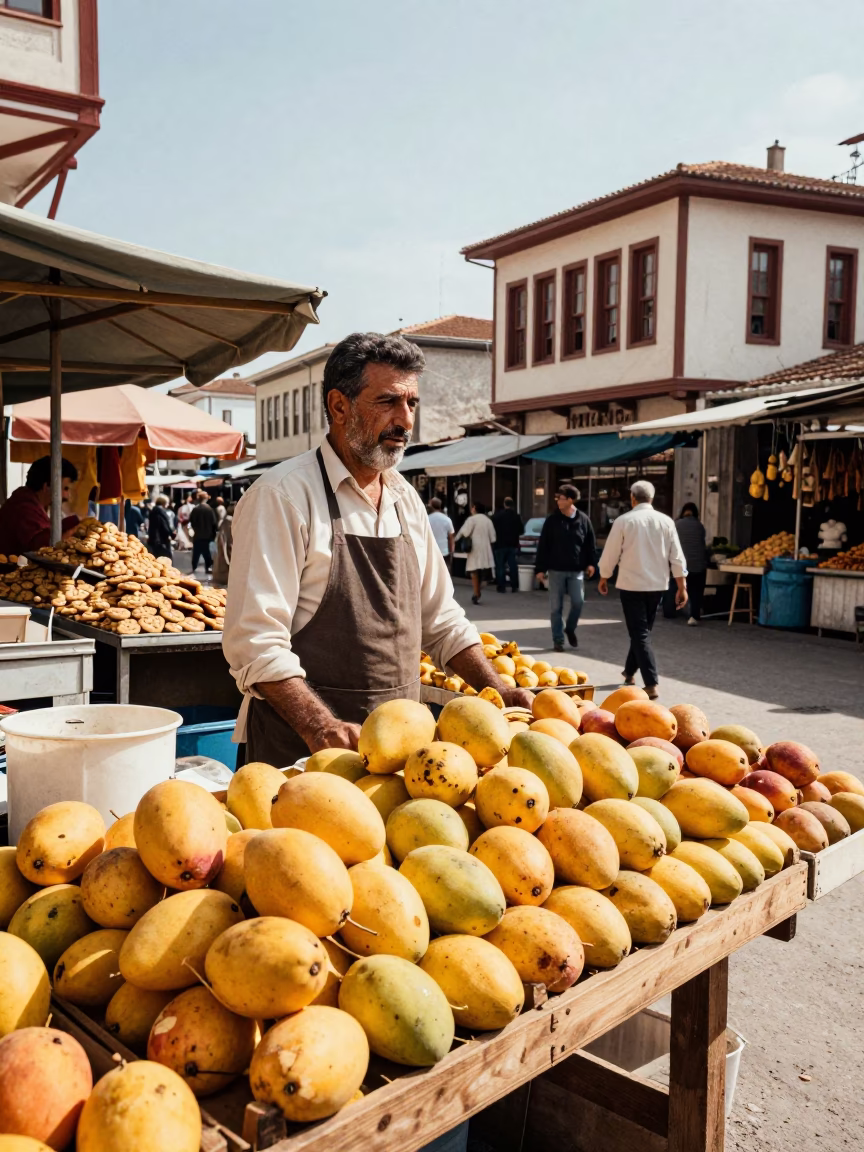 Vintage 1960s Izmir Street Scene with Mangoes and Cookie Tin in in Izmir, Turkey
