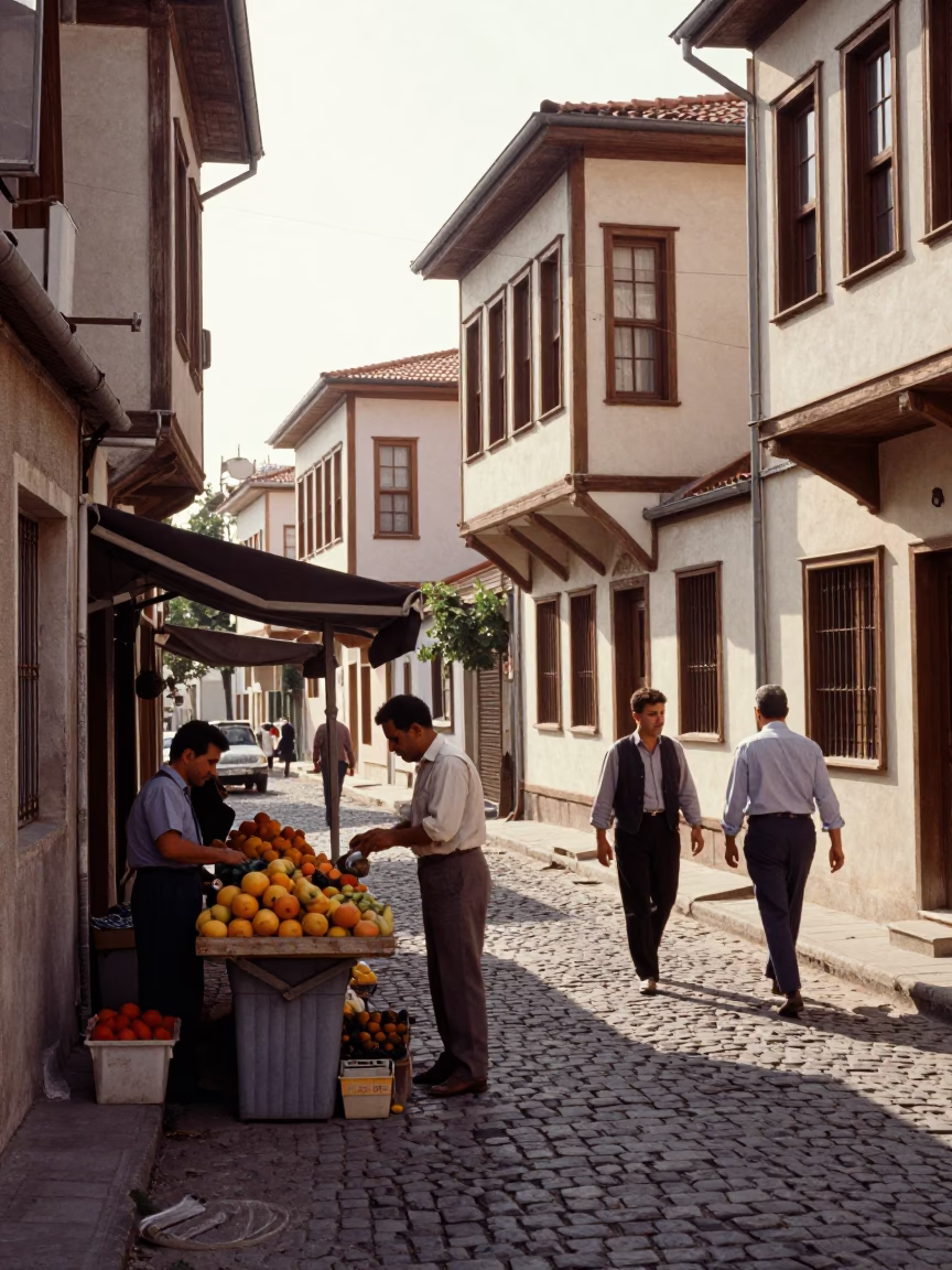 Vintage 1960s Izmir Turkey Street Scene Early Afternoon with Local Market Activity in in Izmir, Turkey