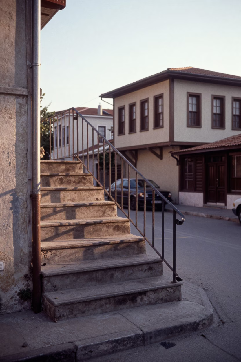 Vintage 1960s Izmir Turkey Street Scene with Stair Rail and Morning Light in in Izmir, Turkey