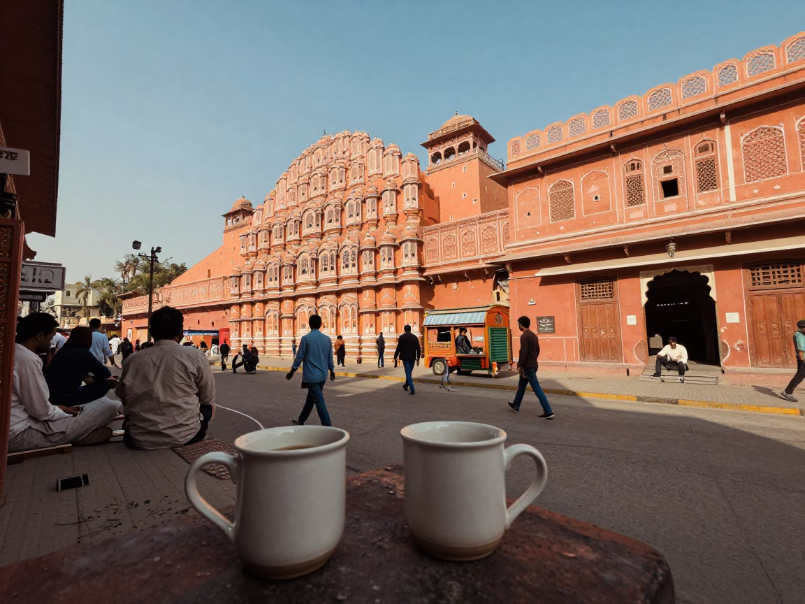 Vintage 1960s Jaipur Street Scene with Ceramic Mugs and Local Market Activity in in Jaipur, India